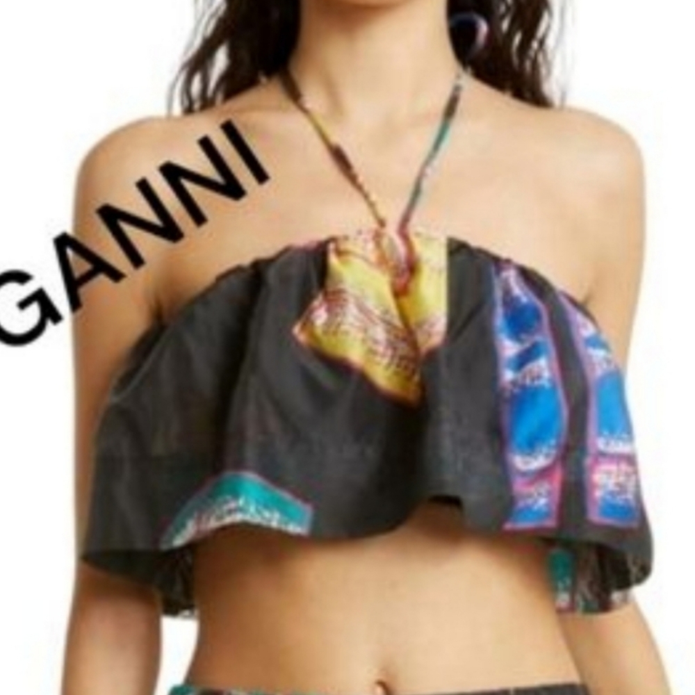 ❤️B2G1 NWT GANNI Logo Graphic Sheer Crop Top Women's 38❤️